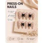 Nude Polka‑Dot Press‑On Nails with 3D Black Bows, Medium‑Long Almond Nails Elegant Luxury False Nails